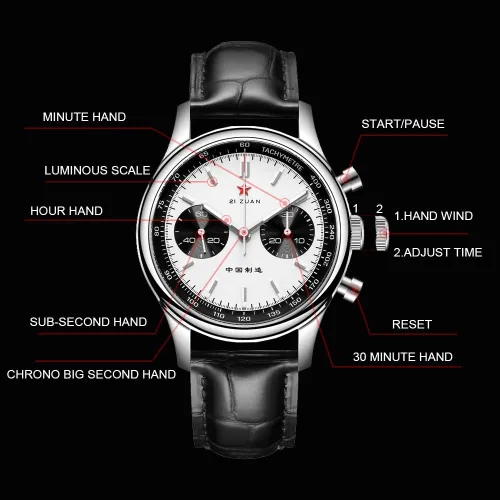 Vista 5 de Men Panda Chronograph 1963 ST1901 Original Movement Manual Winding Luminous Dial 40mm Sapphire Glass Pilots Mechanical Wrist Watch