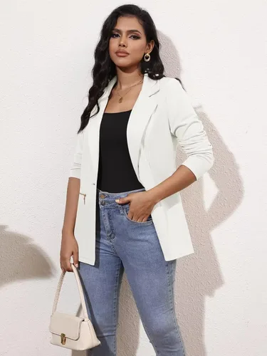 Vista 2 de Genhoo - Blazer de manga larga para mujer, cárdigan con parte delantera abierta, chaqueta de trabajo y oficina, con bolsillos y con cremallera, S-3XL