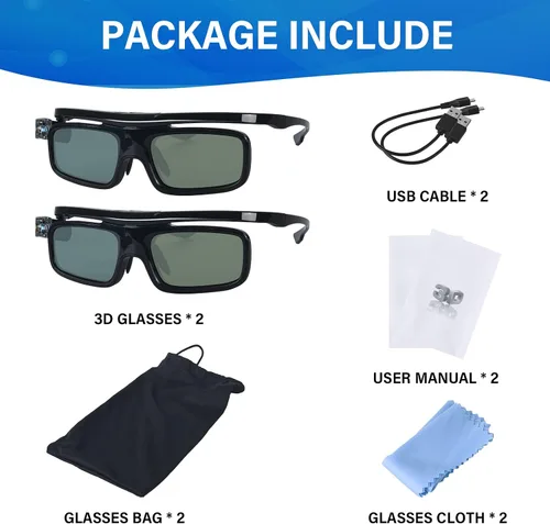 Vista 7 de Gafas 3D, gafas recargables con obturador activo para proyectores DLP-Link 3D Cocar Toumei, paquete de 2