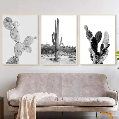 Vista 4 de VLOLIFE Lienzo minimalista nórdico de plantas verdes suculentas, arte en lienzo, póster de cactus blanco y negro, pinturas de pared, sala de estar