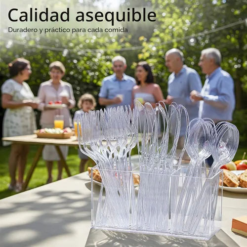 Vista 6 de Juego de cubiertos de plástico desechable de plata [200 unidades], juego de tenedores y cucharas de plástico resistentes, juego de cubiertos