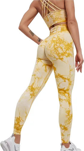Vista 5 de YuMENo Conjuntos de entrenamiento de teñido anudado para mujer, 2 piezas, sin costuras, cintura alta, leggings de yoga con brasier deportivo, ropa