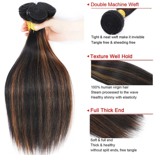 Vista 5 de Extensiones de cabello humano marrón con reflejos de Haha con cierre, extensiones lisas con cierre ombre, extensiones de cabello humano con cierre