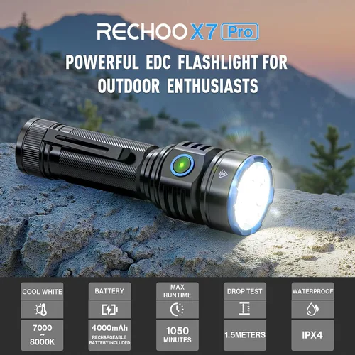Vista 3 de RECHOO Linterna recargable, 1 paquete, linternas recargables superbrillantes de alto lúmenes, 3 modos de iluminación ajustables con 7 linterna LED