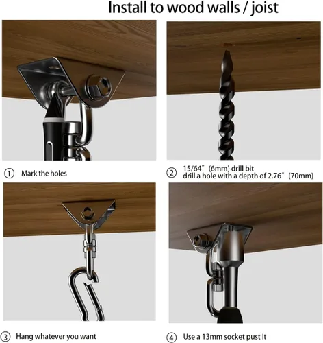 Vista 7 de Kit de Colgamiento de Hamaca Velomill, Capacidad de 454 kg, Gira 360°, Gancho Ultra Resistente para Columpio, Silla, Múltiples Gimnasios Interiores
