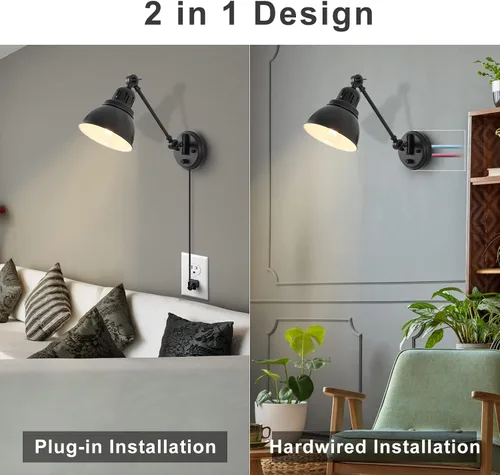 Vista 5 de GOODATE Apliques de pared enchufables, iluminación de pared con interruptor de encendido y apagado regulable, lámpara de pared con brazo oscilante