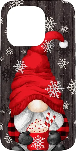 Vista 14 de iPhone 14 Pro Gnomo de Navidad rojo para mujeres con taza de cacao caliente lindo estuche de Navidad