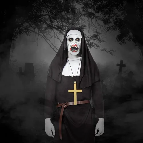 Vista 2 de Juego de 4 piezas de disfraz de monja con máscara aterradora para adultos unisex, para hombres y mujeres, disfraz de Halloween de talla grande