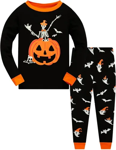 Vista 13 de Conjunto de pijama de esqueleto para niños pequeños, ropa de dormir de calabaza para niños, Halloween, 2 piezas skeleton 3