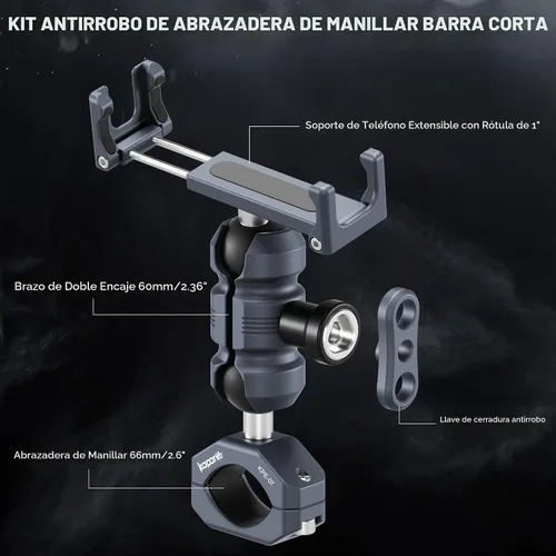 Vista 3 de Soporte de aluminio para teléfono de motocicleta, abrazadera de tornillo para manillar de 0.866-1.260 in, brazo de enchufe ajustable y clip de KPS-02