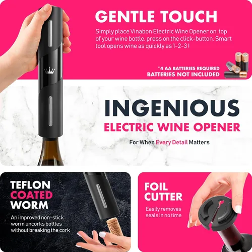 Vista 4 de VINABON Abrebotellas de vino eléctrico actualizado 2026 con cortador de papel de aluminio de vino - Abridor de vino electrónico automático