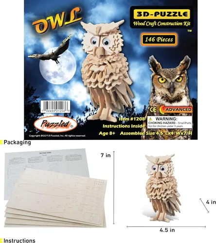 Vista 2 de Puzzled Rompecabezas 3D de madera de búho, kit de modelo de construcción de artesanía, divertido juguete de madera único y educativo