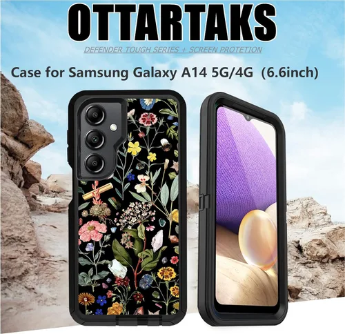Vista 7 de Funda compatible con Samsung Galaxy A14 5G con protector de pantalla [resistente a prueba de golpes] bonita funda protectora floral para Samsung