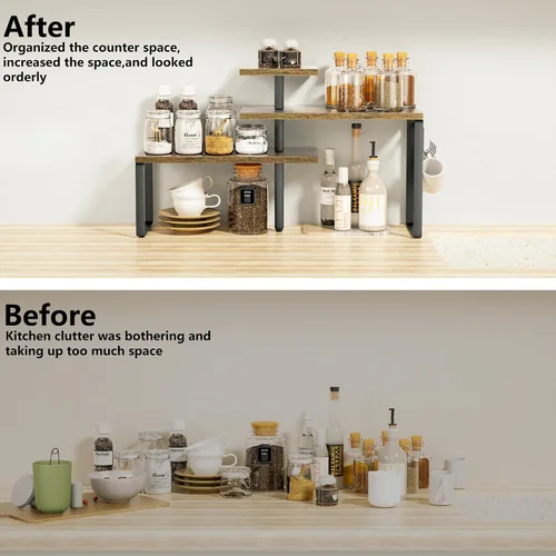 Vista 5 de Alsonerbay Estante organizador de esquina de 3 niveles para cocina y baño Rustic Wood & Metal Storage Shelf with Hanging Hooks for Coffee Bar