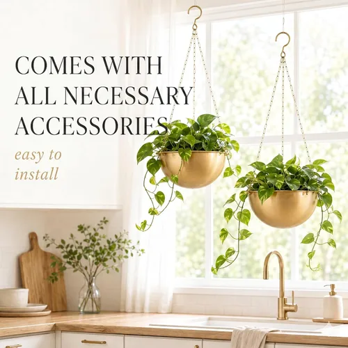Vista 9 de AceList Paquete de 2 macetas colgantes doradas para plantas de interior, colgador de plantas de metal bohemio de 9.8 pulgadas para interiores