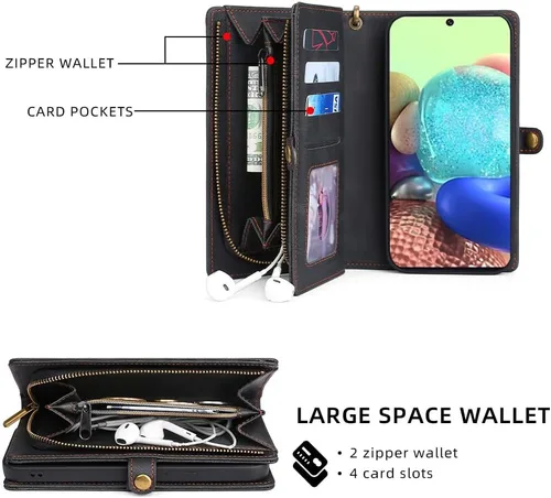 Vista 3 de Asuwish Funda de teléfono para Samsung Galaxy A71 5G con cremallera, funda desmontable con protector de pantalla de vidrio templado y soporte