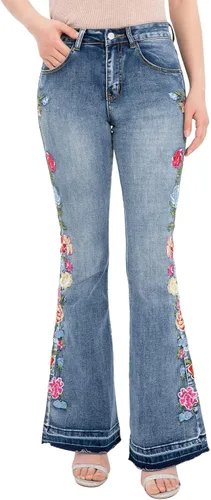 Vista 2 de Jeans acampanados bordados florales para mujer, pantalones de mezclilla retro inspirados en la vendimia