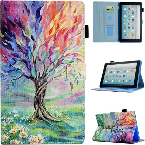 Vista 10 de Funda para tablet Fire HD 8 (8ª/7ª/6ª generación, versión 2018/2017/2016), funda protectora de piel sintética con función atril y encendido Flores
