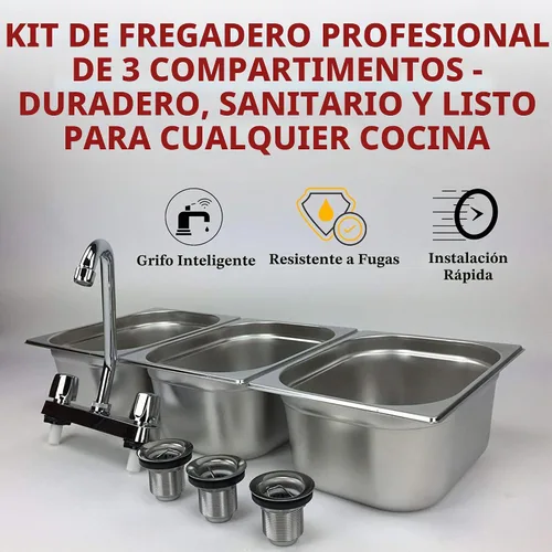 Vista 7 de Fregadero de concesión de acero inoxidable con 3 compartimentos grandes