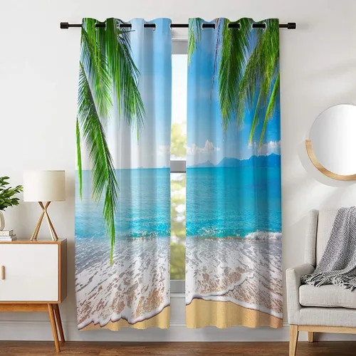 Vista 8 de Cortinas opacas de playa con hojas de palmera tropicales, 2 paneles de 84 pulgadas de largo, para dormitorio, sala de estar, guardería, 52 x 84