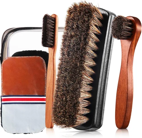 Vista 10 de 2 piezas Juego de cepillo de zapatos de pelo de caballo para pulir Kit de cepillos aplicadores de brillo Limpieza de zapatos de cuero Botas Cepillos