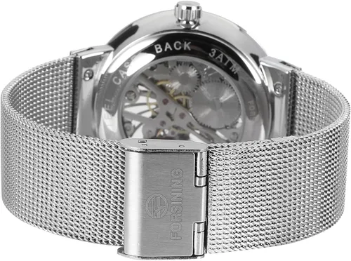 Vista 4 de FORSINING Reloj mecánico popular de esqueleto de malla de acero inoxidable ultrafino para hombre