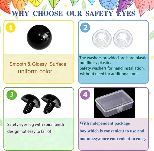 Vista 2 de Thalinfayi - 60 ojos de seguridad y arandelas seguras para ganchillo Amigurumi - Ojos de seguridad de plástico grandes negros de 0.94 pulgadas, ojos