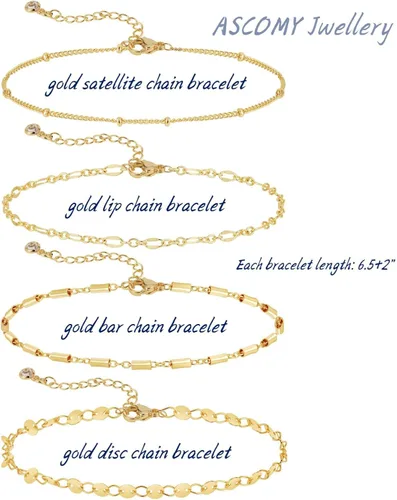 Vista 6 de ASCOMY Pulsera para mujer, pulseras de oro para niñas, delicadas pulseras de espiga con clip de papel, juego de pulseras de cadena de cuerda en capas