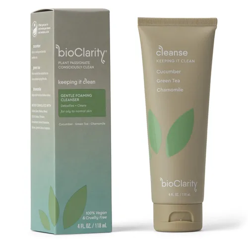 Vista 3 de BioClarity Limpiador facial 100% vegano, lavado suave con pepino, té verde y manzanilla, para pieles grasas sensibles. Ingredientes naturales