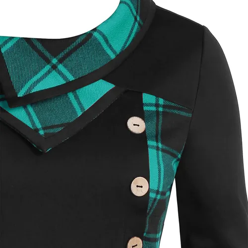 Vista 5 de Sudadera de moda para mujer, vestido con vuelo, asimétrico, cuello redondo, retazos, a cuadros, con capucha