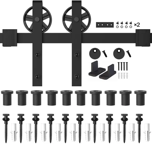 Vista 7 de WINSOON Black Big Wheel - Kit de herrajes para puerta corrediza de granero de 14 pies con guía ajustable para puerta de granero de doble rodillo