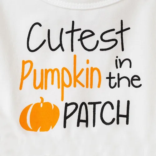 Vista 3 de Noubeau Trajes de Halloween para bebés y niñas pequeñas, con estampado de letras, manga acampanada, camisa de vestir linda calabaza con pantalones