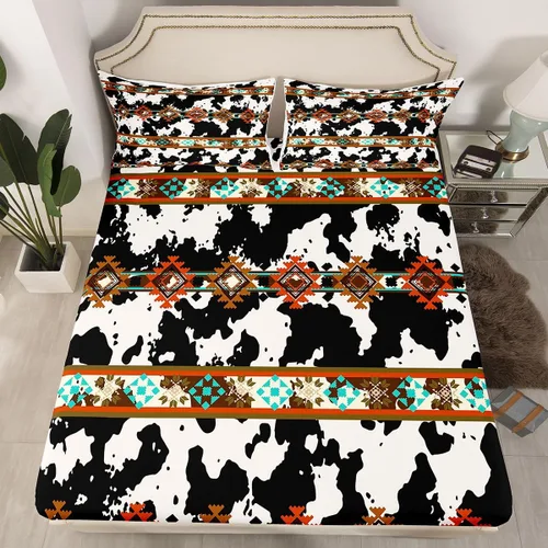 Vista 27 de Juego de ropa de cama de estilo bohemio occidental, tamaño individual, diseño de vaca atrapasueños, sábana bajera ajustable del suroeste, tribu