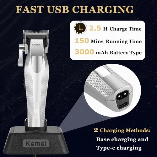 Vista 4 de KEMEI 1798 - Cortadora de pelo profesional para hombres, 9100 RPM inalámbrica, con cuerpo de metal, recortadora de pelo de 3000 mAh con pantalla