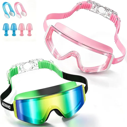 Vista 8 de Aegend Paquete de 2 gafas de natación para niños, marco grande, antivaho, silicona suave, a prueba de fugas, protección UV para niños y niñas de 3 a