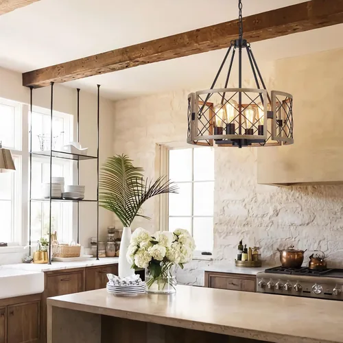 Vista 3 de SANTOSTOCK Candelabro Moderno de Granja, Lámpara de Araña Rústica de 4 Luces para Comedor, Accesorio de Iluminación para Isla de Cocina, Luz