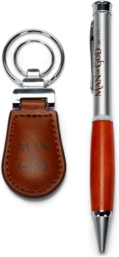 Vista 4 de Dicksons Man of God 2 Piece Metal Woodgrain Bolígrafo y llavero de cuero sintético en caja de regalo