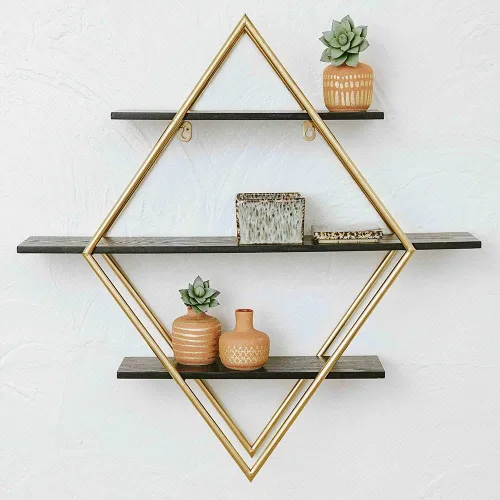Vista 3 de Main + Mesa Estante de pared de madera y diamantes dorados