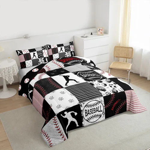Vista 4 de Erosebridal - Juego de edredón individual para niños con diseño de béisbol y sóftbol, juego de cama deportivo acolchado para niños, edredón