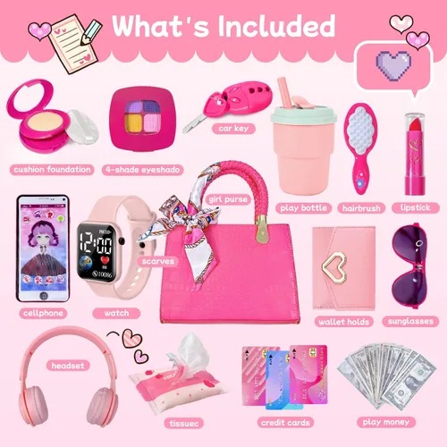 Vista 2 de Bolso para niña con maquillaje de simulación para niños pequeños, juego de monedero para niños, incluye bolso, auriculares de juego, cartera