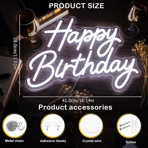 Vista 6 de Letrero de neón de feliz cumpleaños para decoración de pared, letrero con luz LED regulable Feliz cumpleaños-blanco