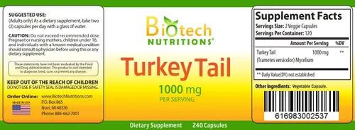 Vista 2 de Hongo de cola de pavo 1000 Mgper que sirve 240 cápsulas vegetales sin OMG