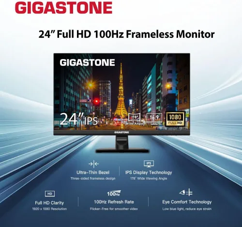 Vista 2 de Gigastone Monitor de luz trasera LED IPS de 24 pulgadas 100Hz FHD 1920 x 1080, 178° WideView, sin marco, monitor dual, MPRT 1ms, altavoces