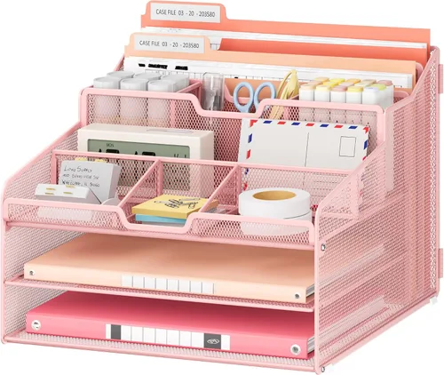 Vista 13 de Lavatino Organizador de escritorio, malla metálica con 2 bandejas de papel para cartas, 7 divisores flexibles, 2 soportes verticales para archivos