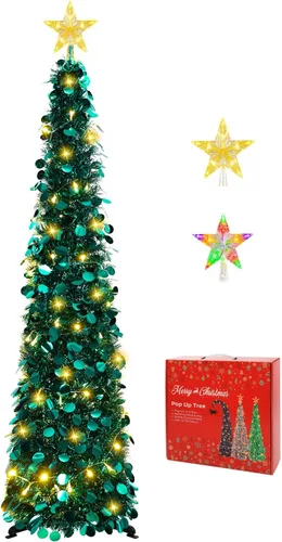 Vista 14 de MACTING Árbol de Navidad desplegable con 50 luces LED con temporizador, 5 pies, árbol de lápiz de oropel plegable de fácil montaje, árbol artificial
