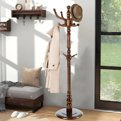 Vista 2 de Percheros independientes de madera natural con 14 ganchos, 73 pulgadas de altura ajustable resistente árbol vintage para entrada, dormitorio