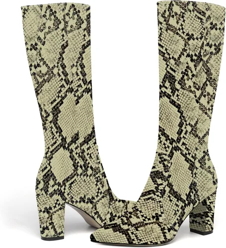 Vista 6 de AMBELIGHT Botas altas hasta la rodilla con cremallera y puntera puntiaguda para mujer, de patente sólida, tacón alto, 3.3 pulgadas