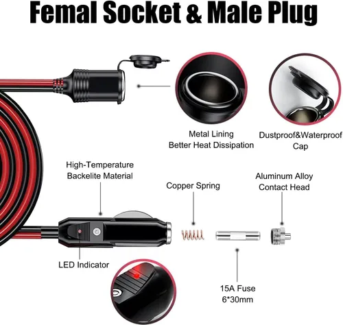 Vista 5 de Cable de extensión de encendedor de cigarrillos resistente de 12V/24V 16AWG de 4.9 pies, adaptador de cable de extensión de enchufe macho a hembra