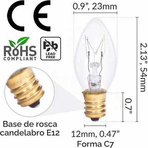 Vista 2 de Simba Lighting Bombilla de repuesto C7 de 4 W (paquete de 6) para luz nocturna, forma de vela transparente, 120 V, base de candelabro E12