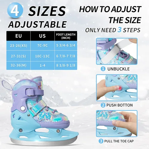 Vista 5 de Patines de hielo ajustables Nattork para niños - 4 tallas ajustables con cordones, patines de hockey con forro de felpa cálido, soporte de tobillo